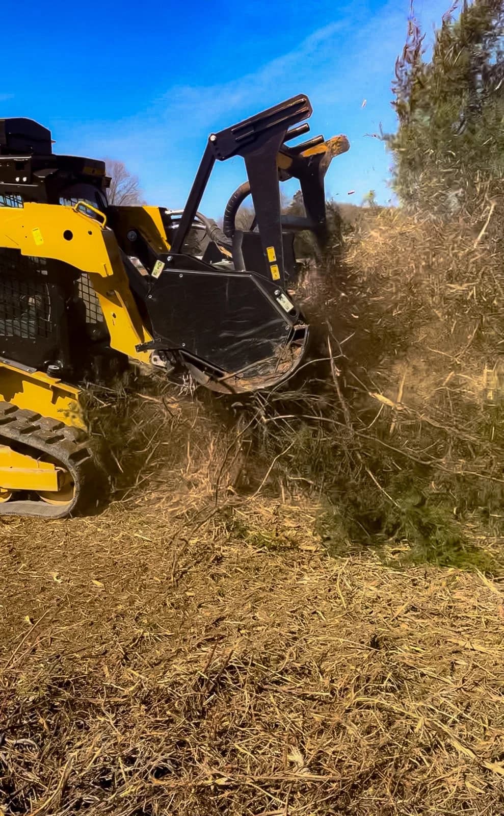 A yellow Caterpillar excavator clearing trees and brush in a wooded Middle Tennessee lot.
